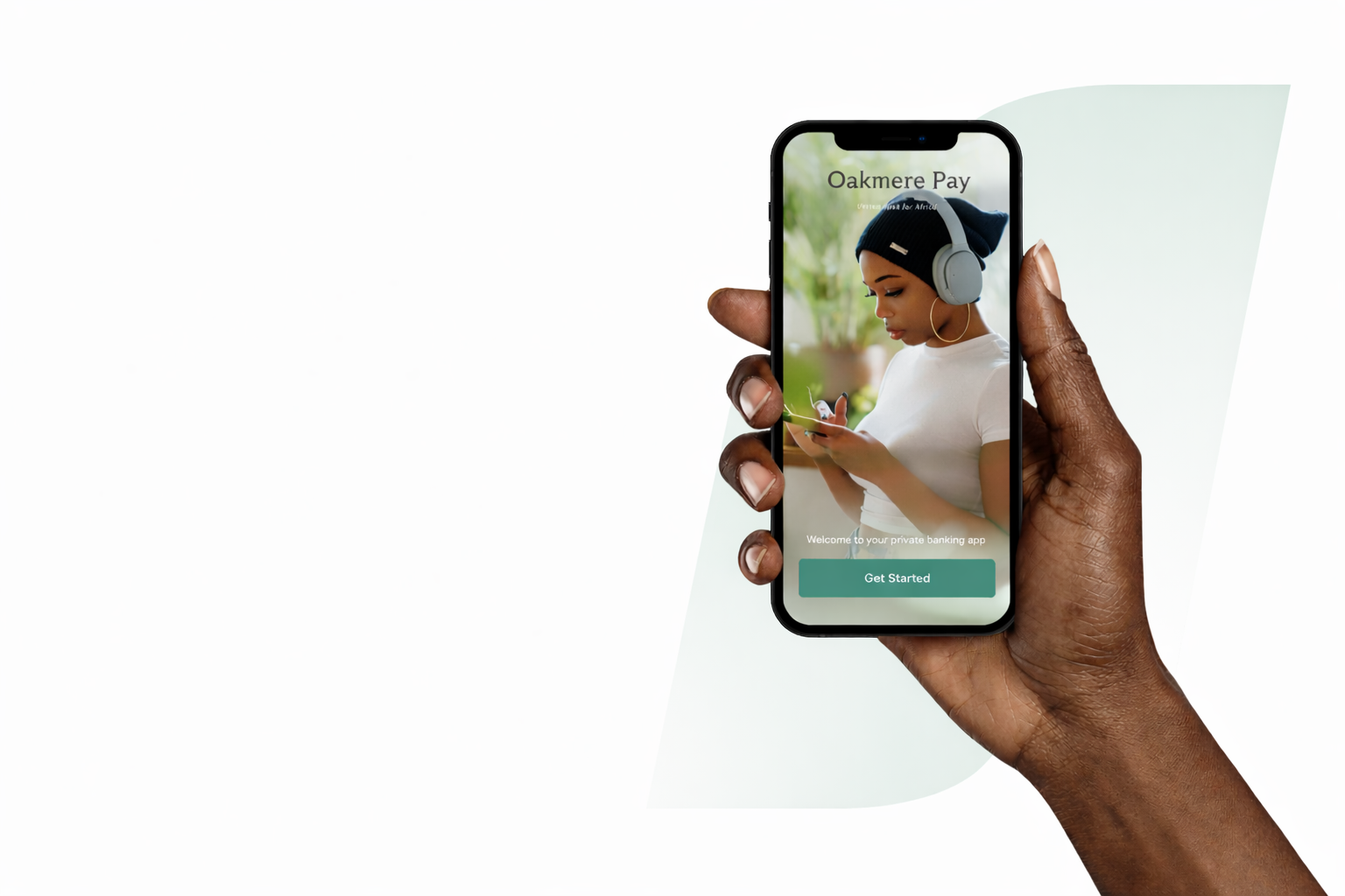 Hand holding a smartphone displaying the OakmerePay institutional private banking platform interface